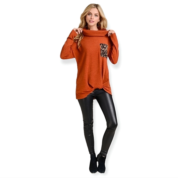 Rust Cowl Neck Leopard Print Pocket Long Sleeve Top - Picture 5 of 6